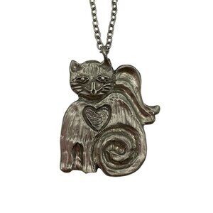 Vintage Marcie USA Handmade Cat Pendant Necklace Pewter Signed Silver Tone